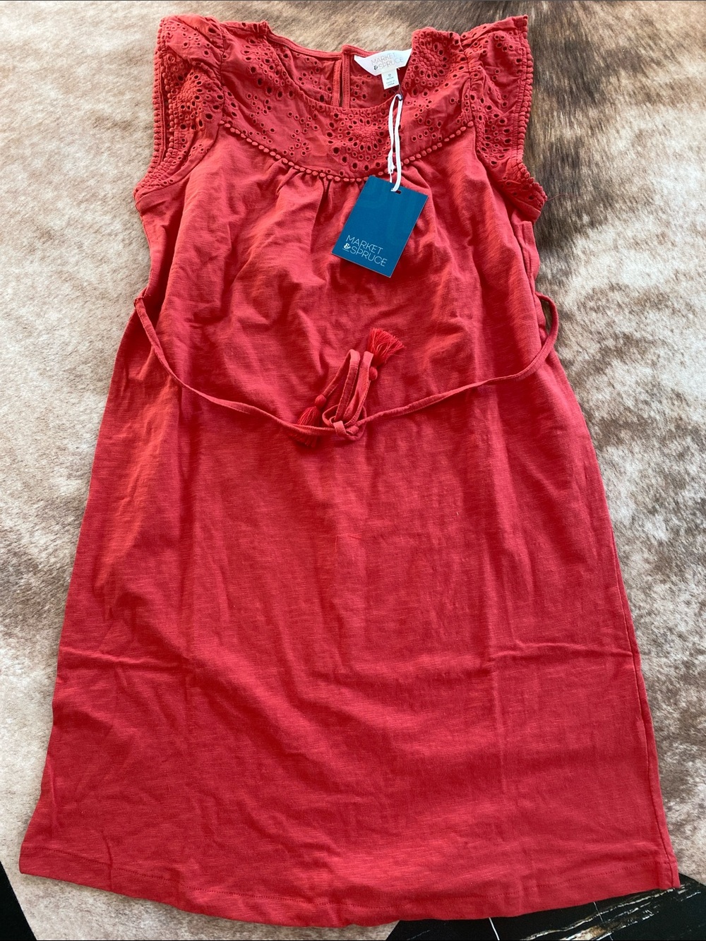 Market & Spruce Coral Eyelet Tie-Waist Mini Dress